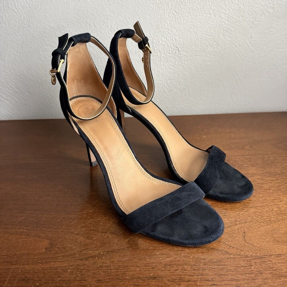 Tory Burch Black Suede Ankle Strap Stiletto Heels Sz 7.5 M Elegant Classic
